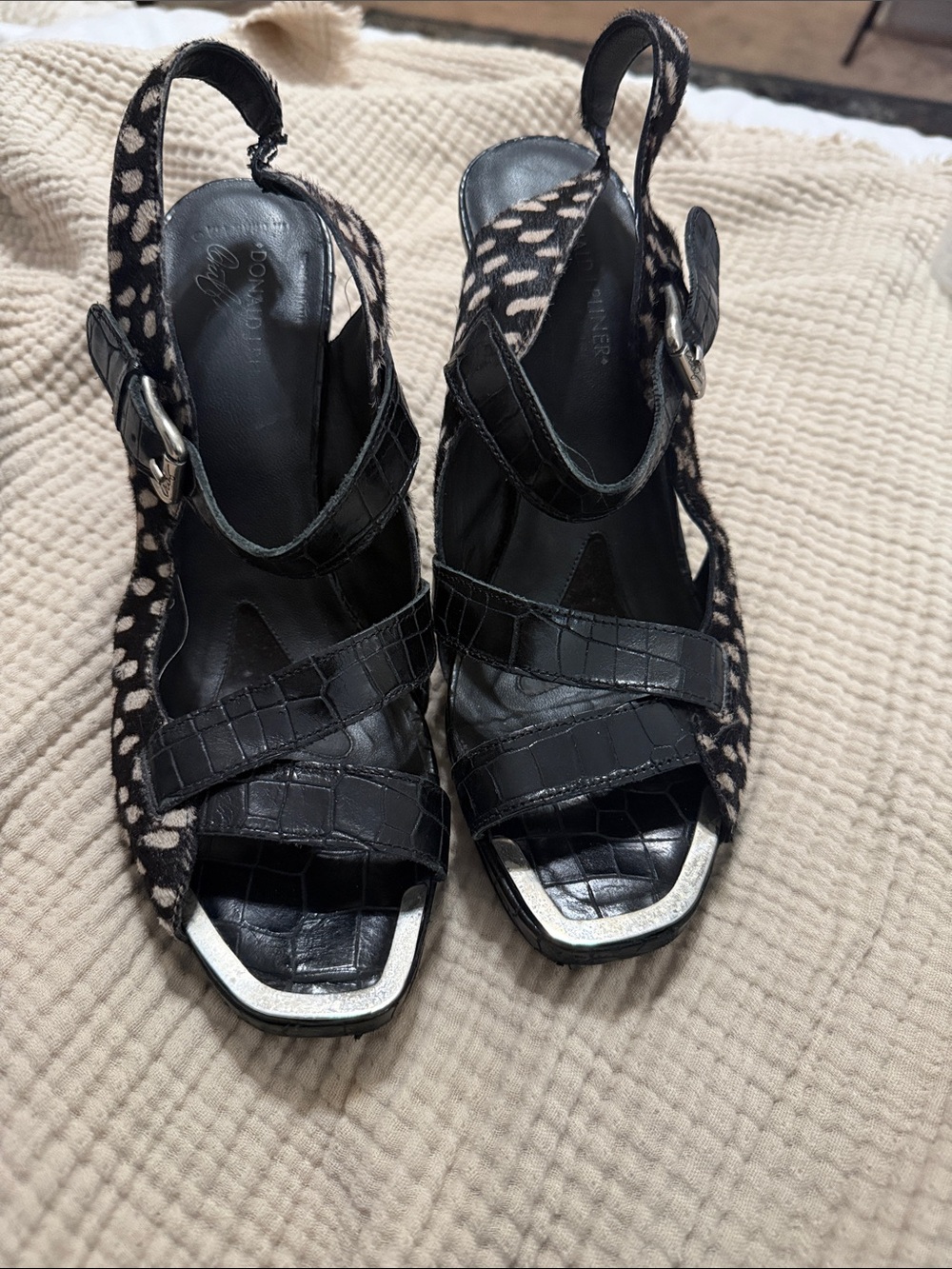 Donald J Pliner Black Croc-Embossed Slingback Sandals with Leopard Accent